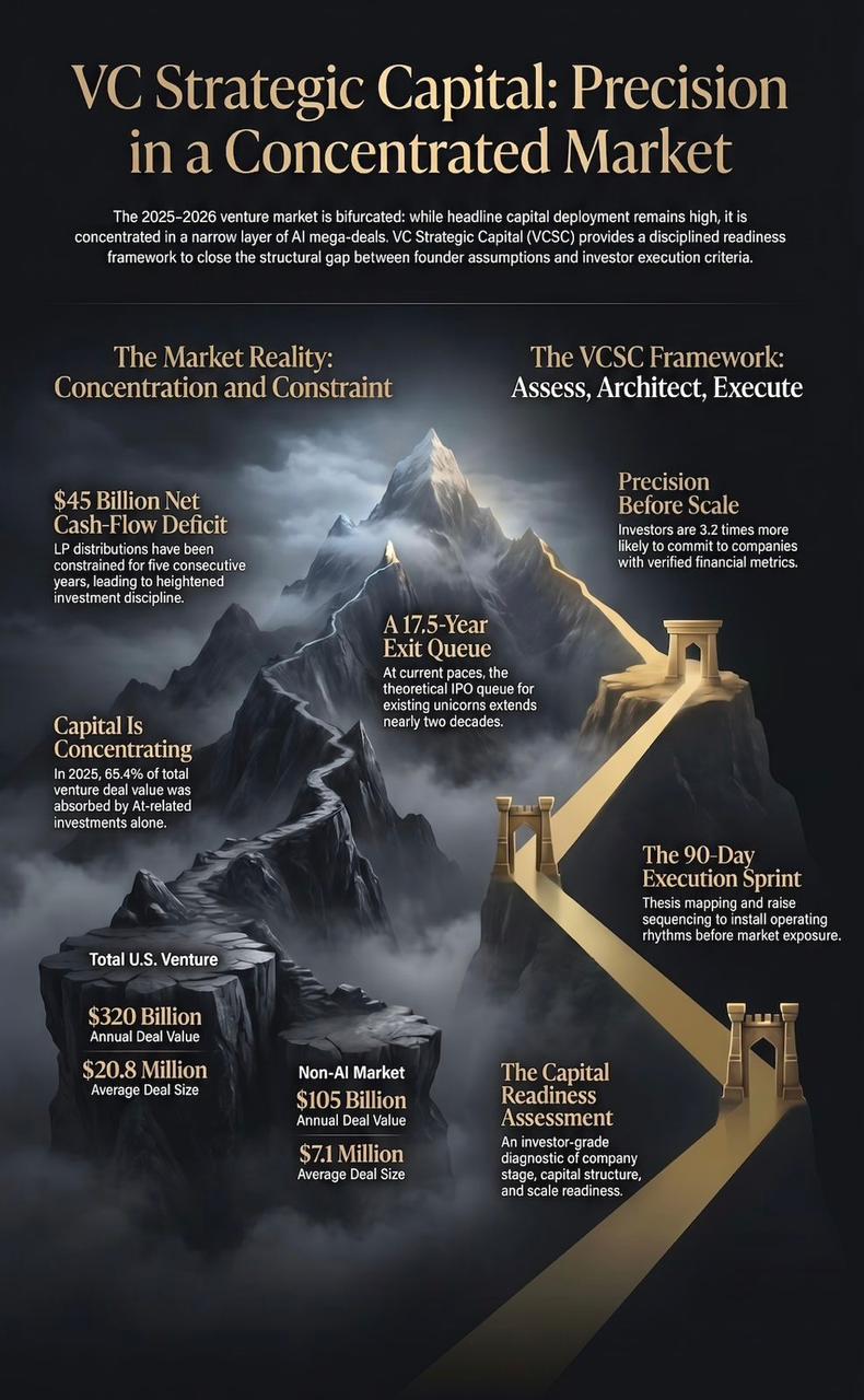 VC Strategic Capital Framework Overview - Market reality data and the Assess, Architect, Execute framework showing $320 billion annual deal value, $45 billion cash-flow deficit, 17.5-year exit queue, and capital concentration metrics alongside the Capital Readiness Assessment, 90-Day Execution Sprint, and Precision Before Scale methodology